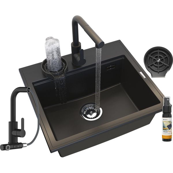 Granitan | Lavello In Granito Foxal - Nero - Incasso Con Rubinetto Da Cucina E Design Moderno - Ergonomico-image