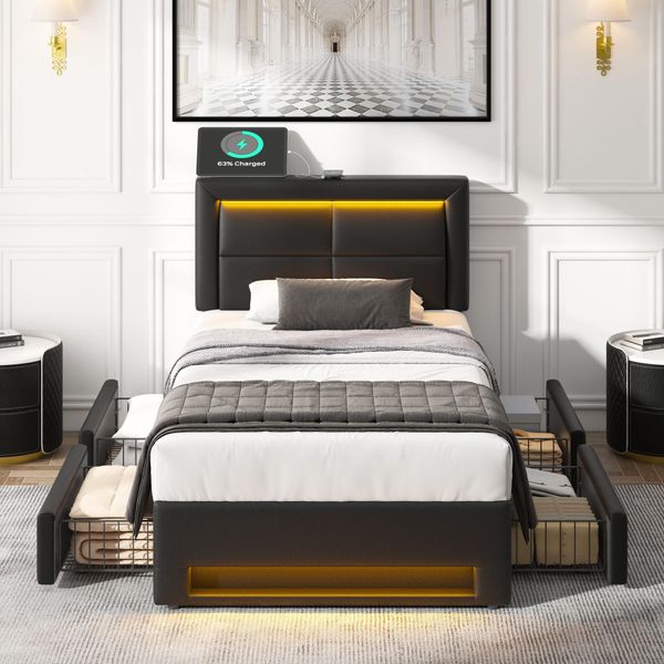 Letto Imbottito Flieks 90X190Cm Con Usb, Letto Contenitore Letto Singolo Con Rete A Doghe E 4 Cassetti, Letto Per Ragazzi Con Led, Letto In Legno Letto Funzionale, Pu, Nero-image