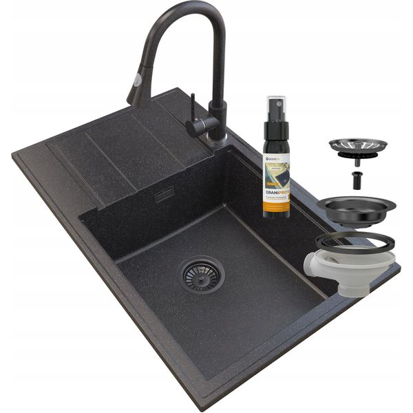 Granitan | Lavello In Granito Louis - Nero Nakrapiany - Incasso Con Scolapiatti - Finitura Di Alta Qualità-image