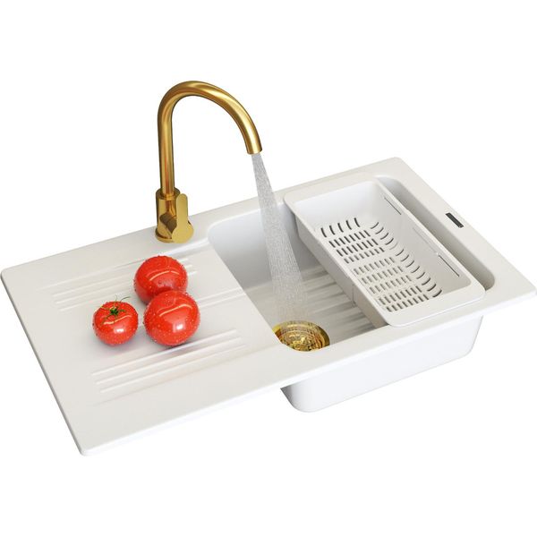 Granitan | Lavello In Granito Ada - Bianco - Miscelatore In Oro - Design Moderno - Alta Qualità-image