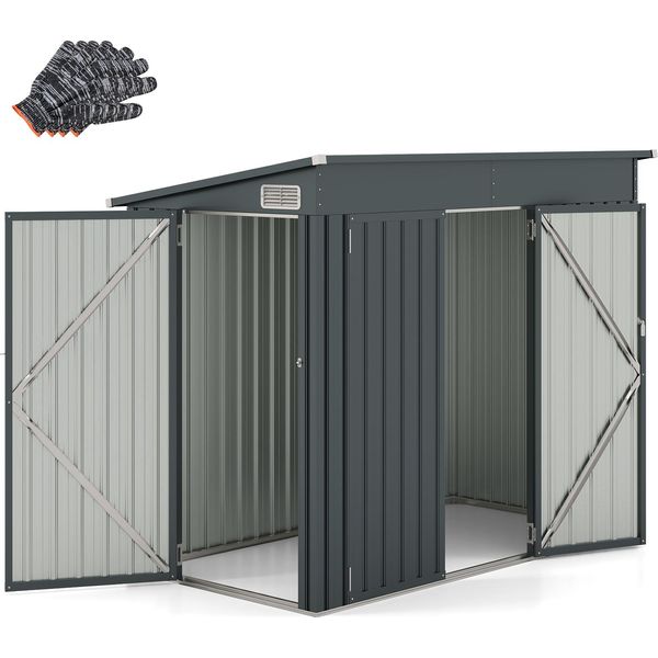 Capanno Da Giardino Costway 235X117X185Cm In Metallo, Capanno Per Attrezzi Con Porta D'ingresso, Porta Laterale E Tetto A Shed, Capanno Da Giardino Chiudibile A Chiave, Grigio Scuro-image