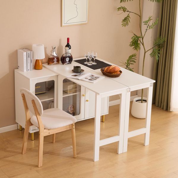 Tavolo Da Pranzo Girevole Flieks Tavolo Bar, Tavolo Da Pranzo Rettangolare Tavolo Da Cucina Allungabile Con Cassettiera, Tavolo Alto Con Credenza, Bianco-image