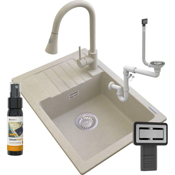 Lavello Granitan | Argos - Beige - Compresi Bateria Snake E Syfon - Granito Di Alta Qualità-image