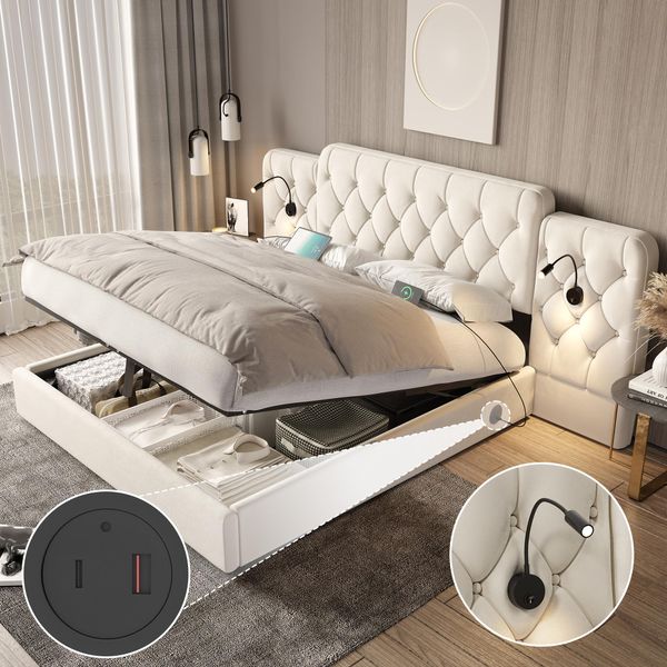 Letto Imbottito Lvhom 160X200 Cm Con Lampade Da Lettura E Usb, Letto A Molle Idrauliche Con Rete, Letto Matrimoniale In Velluto Con Rete A Doghe, Letto Funzionale, Beige-image