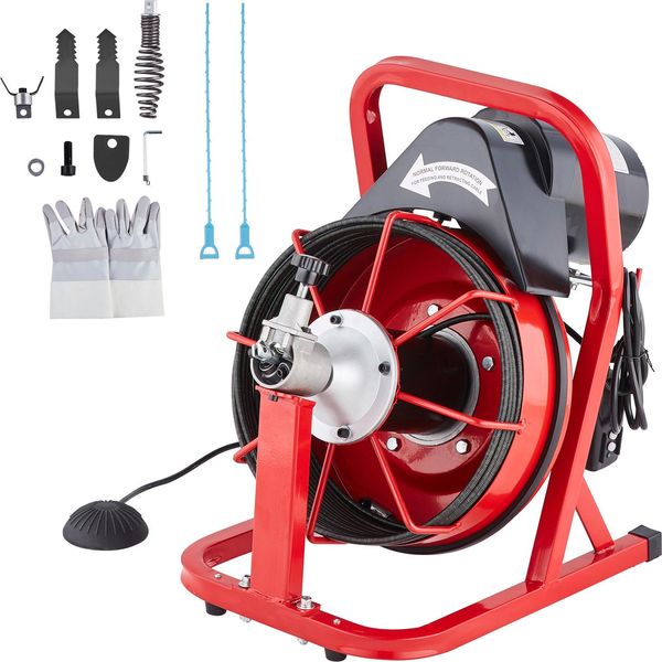 Succebuy Macchina Per La Pulizia Dei Tubi 50 Ft X 3/8 Di Pollice, Spirale Automatica Per La Pulizia Dei Tubi, Scovolino Elettrico Con 4 Frese E Interruttore A Pedale Ad Aria Compressa Per Tubi Da 2"-4"""-image