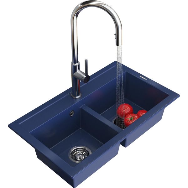 Granitan | Lavello In Granito Duet - Blu - A Due Scomparti - Di Alta Qualità Ed Elegante - Incluso Rubinetto E Sifone-image
