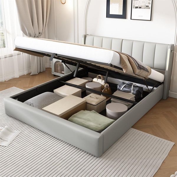 Letto Imbottito Sweiko 140 X 200 Cm, Letto Idraulico, Con Illuminazione Led, Con Vano Contenitore, Testata Regolabile, Pu, Bianco-image
