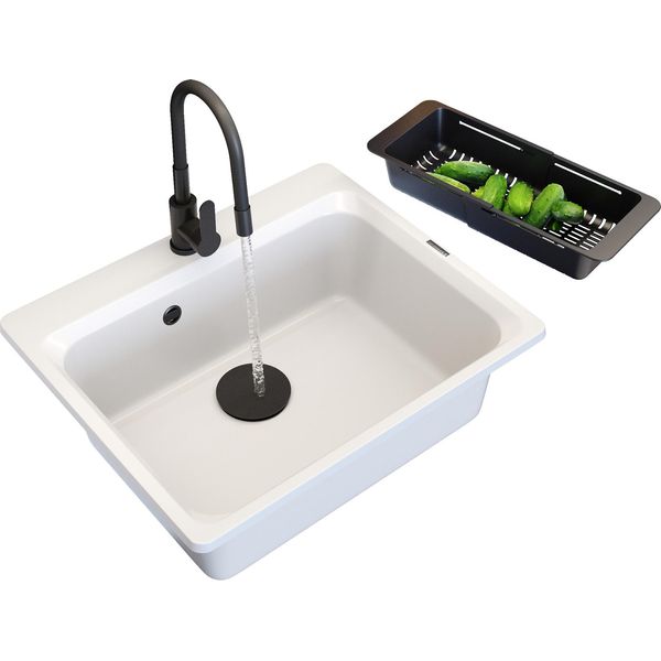 Granitan | Lavello In Granito Zante - Bianco - Lavello Da Incasso Con Vasca Profonda - Incluso Miscelatore Nero-image