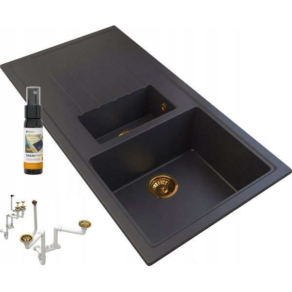 Granitan | Lavello In Granito Solaria 1,5 Com - Nero - Alta Qualità - Con Syfon Dorati-image