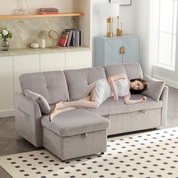 Lvhom Divano Angolare Con Funzione Letto A L, Divano Con Box Letto, Divano Da Salotto Con Tasca Laterale, Divano In Velluto, Divano Letto, Set Di Divani A 3 Posti-image