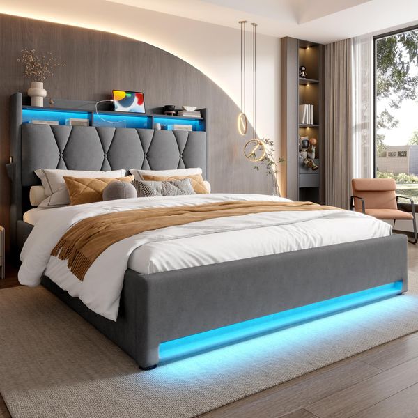 Letto Imbottito Idraulico Flieks 160X200Cm Con Funzione Di Carico, Letto Contenitore Per Ragazzi Con Led, Letto Matrimoniale Con Contenitore, Velluto, Grigio-image