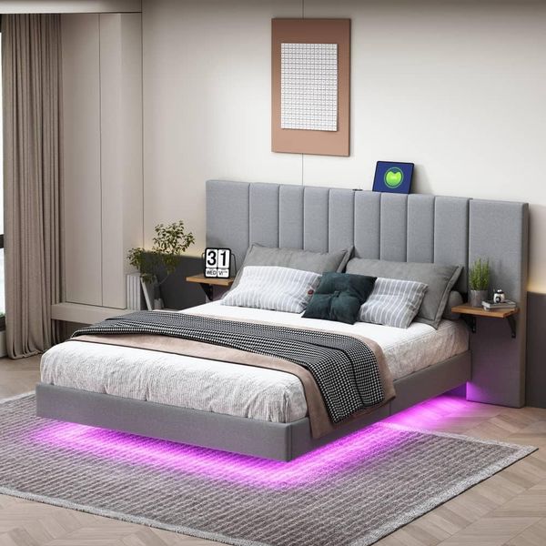 Letto Imbottito Aiorber, 140X200 Cm, Con Illuminazione A Led, Con Porta Di Ricarica Usb, Letto Matrimoniale, Tessuto Di Lino, Testiera Allungata, Struttura In Metallo, Grigio-image