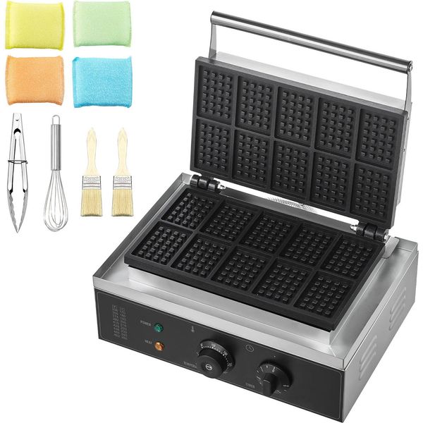 Succebuy Ferro Per Waffle Commerciale, 10 Pezzi, Rettangolare, 1550 W, Acciaio Inossidabile Antiaderente, Controllo Della Temperatura E Del Tempo, Maniglia, Per Ristoranti, Panetterie, Snack Bar, Famiglie-image