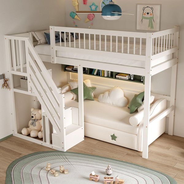 Letto A Castello Flieks 90X200Cm Con Protezione Anticaduta, Letto A Soppalco Con Scale Con Appendiabiti E Ripiani, Letto Per Bambini Singolo Con Rete A Doghe, Bianco-image