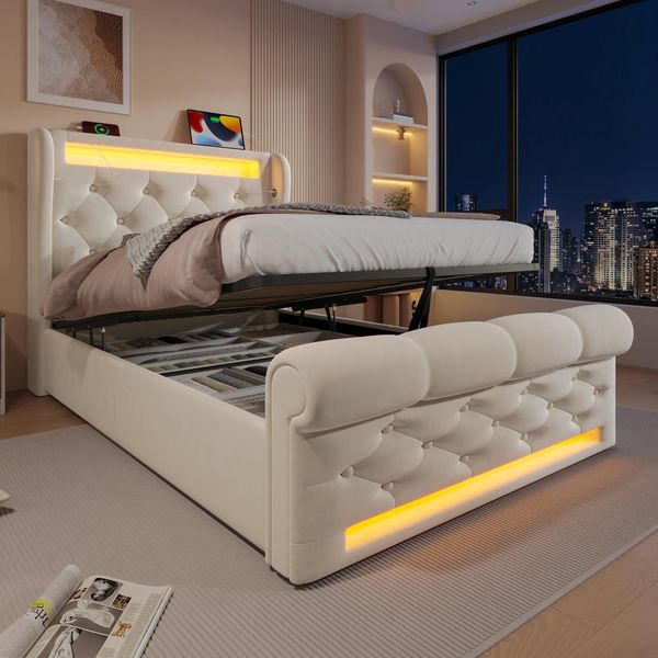 Letto Imbottito Idraulico Flieks 90X200Cm Con Usb E Type-C, Letto Per Ragazzi Letto Singolo Con Led, Letto Contenitore Letto Per Bambini Con Rete A Doghe, Velluto, Beige-image