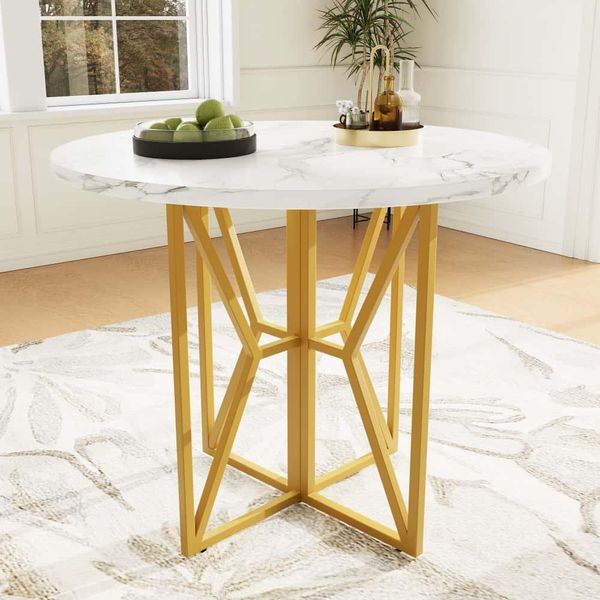 Tavolo Da Pranzo Aiorber, Rotondo, Struttura In Metallo, Pomelli Regolabili, Materiale Mdf Spesso, 4-6 Posti A Sedere, Per Sala Da Pranzo E Soggiorno, 80 X 80 X 76 Cm, Bianco-image