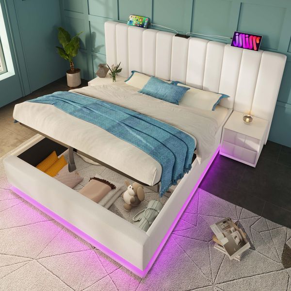 Letto Imbottito Idraulico Flieks 160X200Cm Con Funzione Di Carico, Letto Matrimoniale A Molle Insacchettate Letto Giovanile Con Led, Letto Contenitore Con Rete A Doghe, Pu, Bianco-image