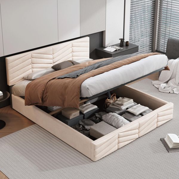 Letto Imbottito Flieks Con Contenitore, Letto Matrimoniale 140X190Cm Con Rete A Doghe, Letto Contenitore Funzionale Letto In Velluto, Beige-image