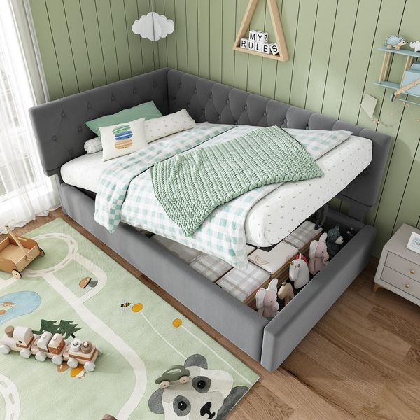 Letto Imbottito Flieks 90X200Cm Con Contenitore, Divano Letto Daybed Con Testiera Regolabile, Letto Daybed Per Bambini, Letto Per Ragazzi Con Rete A Doghe, Velluto, Grigio-image