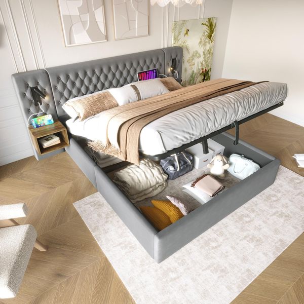 Letto Imbottito Idraulico Flieks 180X200Cm Con Usb E Comodino, Letto Matrimoniale Box Spring Con Lampada Da Lettura, Letto Contenitore Letto In Legno Velluto, Grigio-image