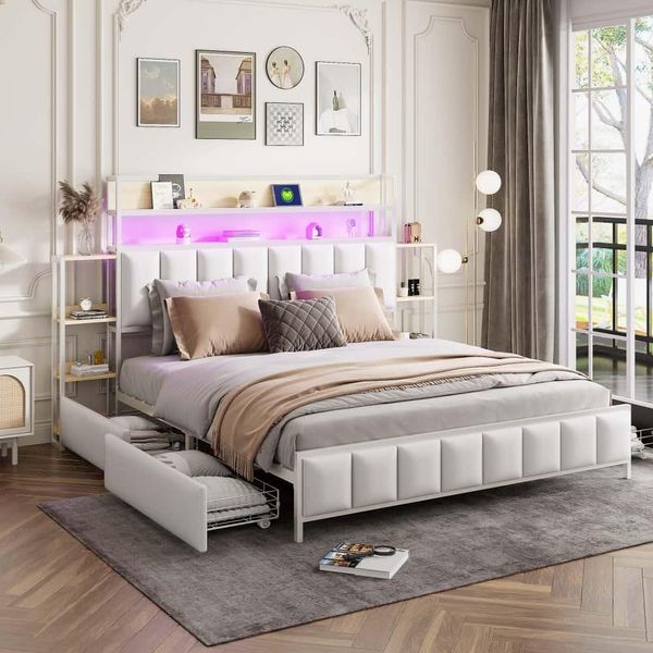 Letto Imbottito Aiorber, 160X200 Cm, Quattro Cassetti Spaziosi, Ampio Spazio Di Archiviazione, Con Illuminazione Led, Struttura Del Letto In Ferro Massiccio, Letto Matrimoniale, Bianco-image