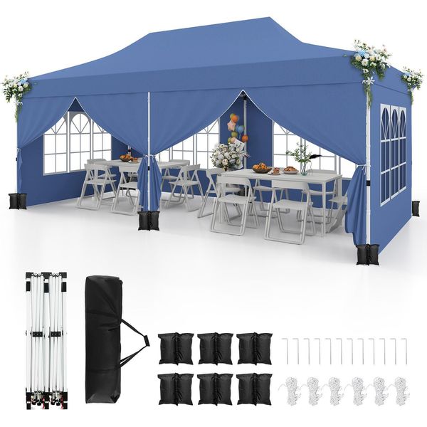 Costway Gazebo 3X6M, Gazebo Pieghevole Con 6 Pareti Laterali Rimovibili, Sacchi Di Sabbia E Borsa Per Il Trasporto, Gazebo Da Giardino Per Feste, Tenda Invernale Con Protezione Uv 50+ Blu-image