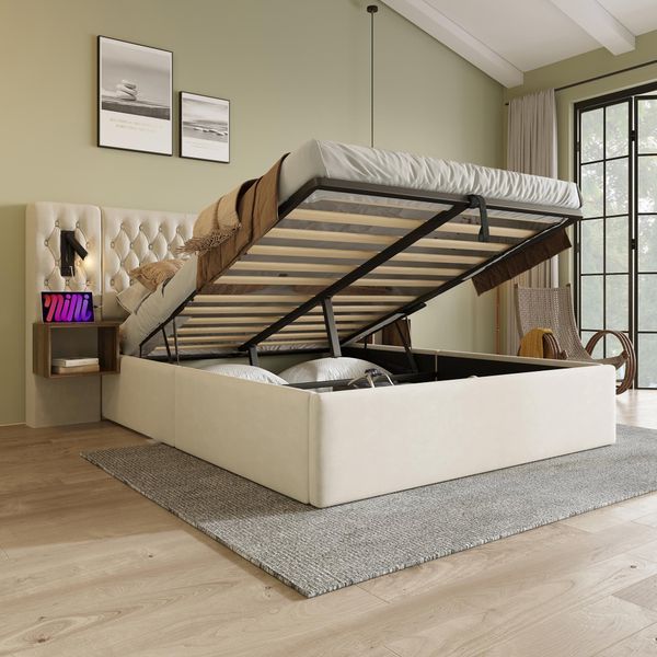 Letto Imbottito Idraulico Flieks 160X200Cm Con Usb E Comodino, Letto Matrimoniale Box Spring Con Lampada Da Lettura, Letto Contenitore Letto In Legno Velluto, Beige-image