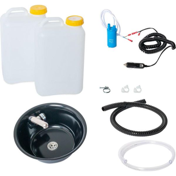 Kit Campeggio 12V Lavabo Nero 32Cm Rotondo + Rubinetto 19 Litri T4 T5 T6-image