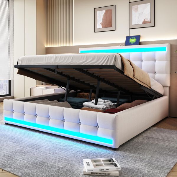 Letto Imbottito Flieks 180X200Cm Con 2 Usb, Letto A Molle Insacchettate Letto Matrimoniale Con Contenitore E Rete A Doghe, Letto Per Ragazzi Con Led, Letto Funzionale, Lino, Beige-image