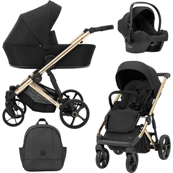 Passeggino Kunert Arizo Premium 3 In 1 Nero Con Telaio Dorato, Navicella E Accessori-image