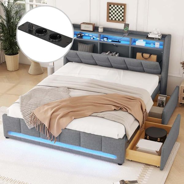Letto Imbottito Aiorber, 160 X 200 Cm, Con Illuminazione A Led E Connessione Usb, Struttura Del Letto Con Cassetti, Spazio Di Archiviazione Integrato, Lino Robusto & Mdf, Grigio-image