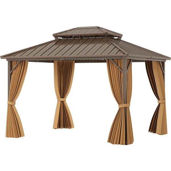 Gazebo Costway 3,5 X 3 M, Gazebo Da Giardino Per Feste Con Rete, Tenda E Doppio Tetto Robusto In Metallo Zincato, Riparo Fisso Per Il Sole Marrone-image