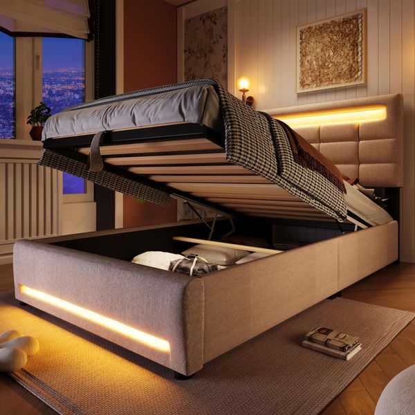 Letto Imbottito Flieks 90X200Cm Con Usb, Letto A Molle Insacchettate Con Led, Letto Giovanile In Legno Letto Singolo Con Contenitore, Biancheria Da Letto Per Bambini, Beige-image