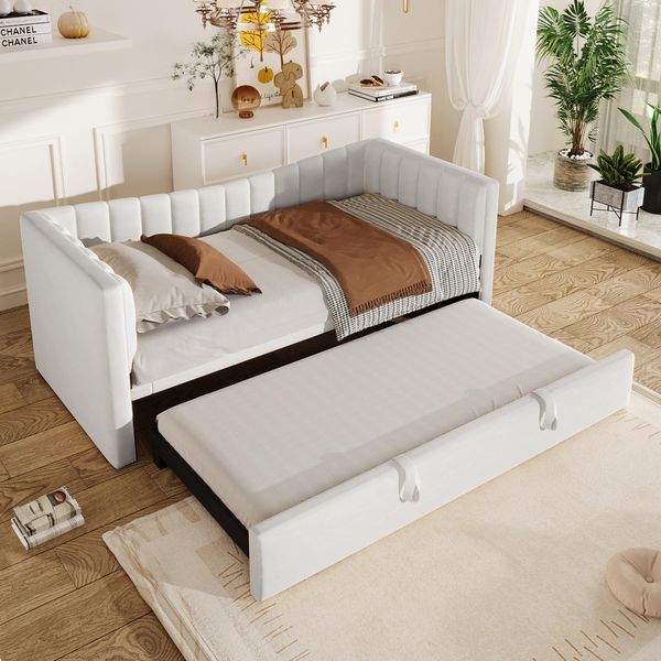 Flieks Divano Letto Daybed 90X200Cm Con Letto Estraibile, Letto Imbottito Letto Singolo Con Rete A Doghe, Divano Letto Daybed Letto Per Bambini Letto Per Ragazzi, Velluto, Bianco-image