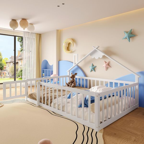 Letto Per Bambini Merax 140X190 Cm, Letto Piano Con Sponda, Sponda Con Serratura, Letto In Legno Di Pino Massiccio, Letto Da Terra, Bianco-image