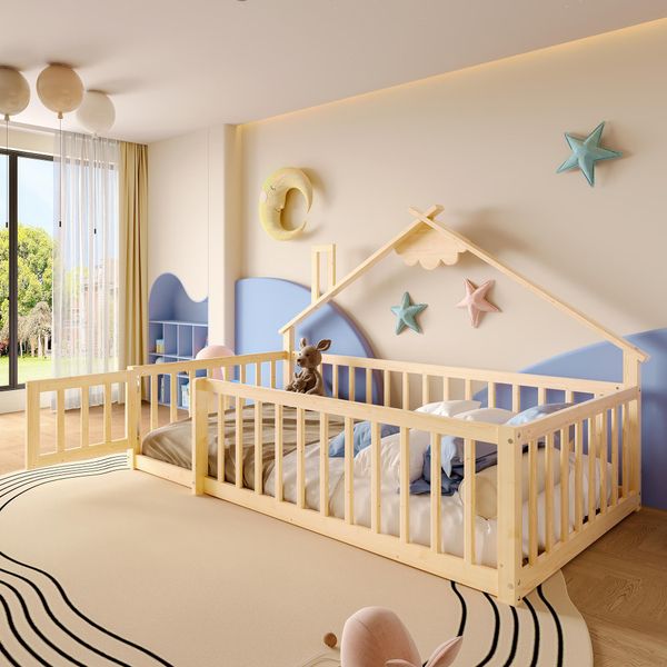Letto Per Bambini Merax 90X190 Cm, Letto Piano Con Sponda, Sponda Con Serratura, Letto In Legno Di Pino Massiccio, Letto Da Terra, Naturale-image