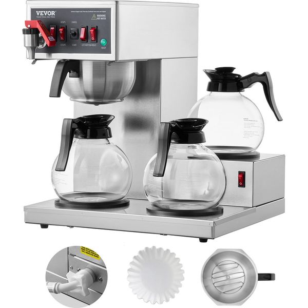 Succebuy Caffettiera Commerciale A Filtro Da 12 Tazze, 3 Caraffe In Vetro E 3 Piastre Riscaldanti, Caffettiera In Acciaio Inox Per Ristorante, Ufficio, Bar-image