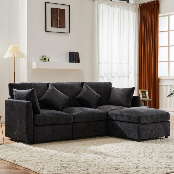 Divano Angolare Merax, Divano A L Con Funzione Letto, Divano 3-4 Posti Soffa Con 4 Cuscini, Divano Da Salotto, Set Di Divani, Tessuto Ciniglia, Grigio-image
