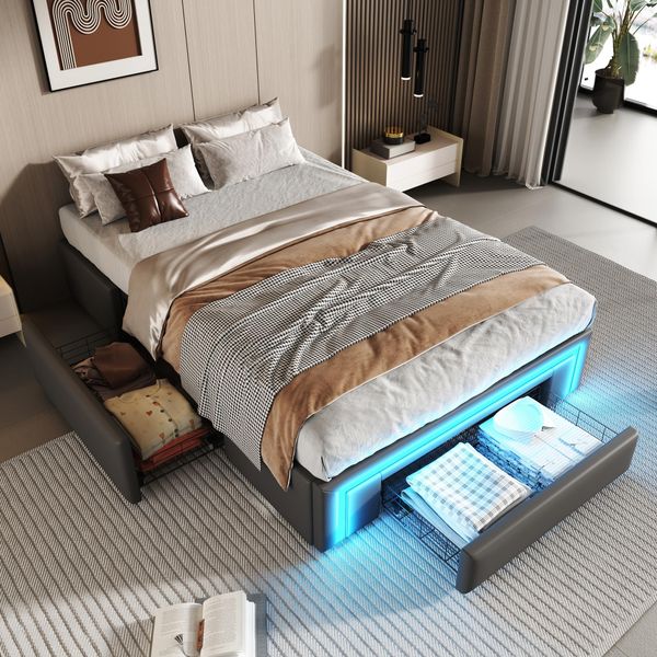 Letto Imbottito Flieks 90X200Cm Senza Testata, Letto Giovanile Letto Singolo Con Cassetti E Led, Letto Contenitore Letto In Metallo Letto Per Bambini, Pu, Grigio-image