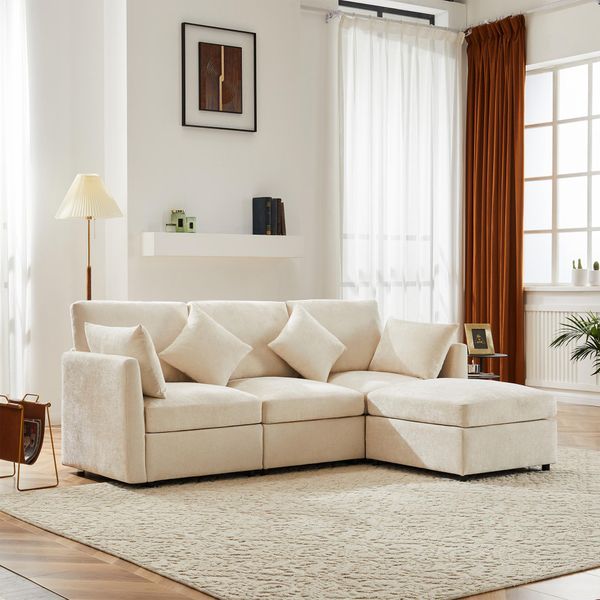 Divano Angolare Merax, Divano A L Con Funzione Letto, Divano 3-4 Posti Soffa Con 4 Cuscini, Divano Da Salotto, Set Di Divani, Tessuto Ciniglia, Beige-image
