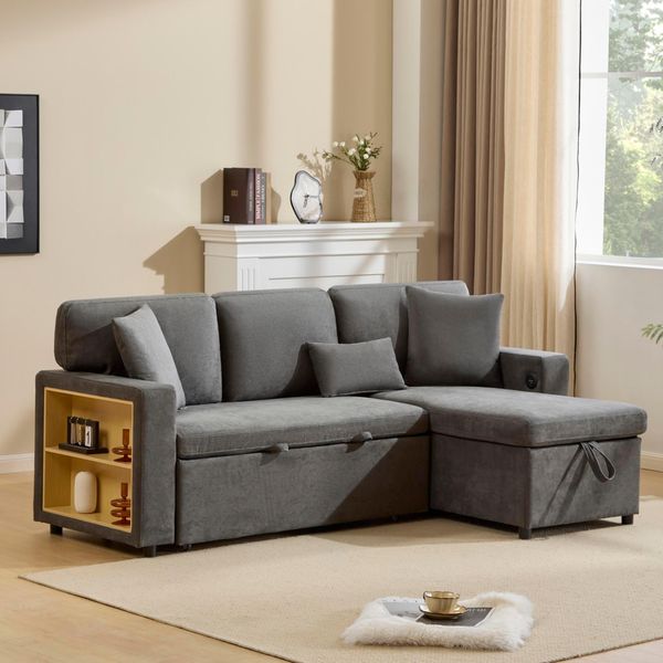 Divano Letto Merax Con Funzione Sleep, Divano Angolare A L Con Base Letto, Connessione Usb, Ripiano, Tessuto In Velluto, Grigio-image