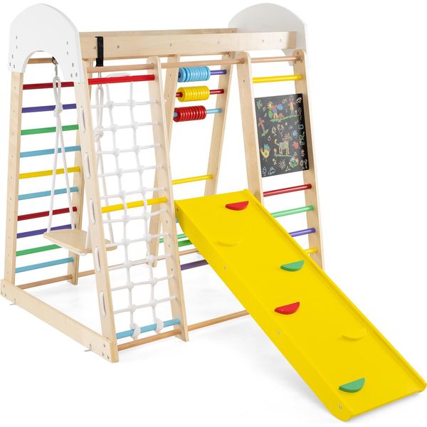 Costway Struttura Da Gioco Per Arrampicata, Triangolo Da Arrampicata 8In1, Rete Da Arrampicata, Scala, Scivolo, Altalena, Roccia Da Arrampicata, Abaco E Lavagna Per Bambini 3+ Colorato-image