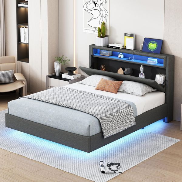 Letto Imbottito Merax 140X200 Con Led E Presa Usb, Letto Per Ragazzi Con Struttura Robusta, Testata Reversibile Con Contenitore, Letto Matrimoniale Piatto In Lino, Grigio-image
