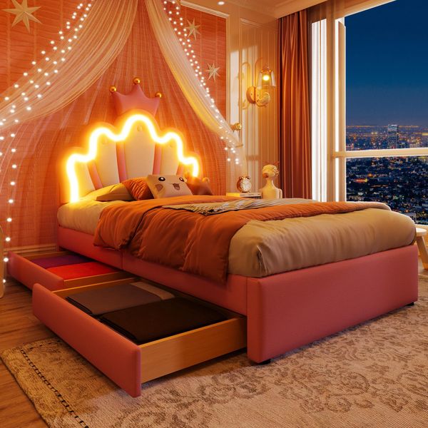 Letto Imbottito Merax 90X200Cm, Letto Da Principessa Con Luci Led, Testata Regolabile, 2 Cassetti, Design A Corona, Pu, Letto Per Bambini, Letto Per Giovani, Rosa-image