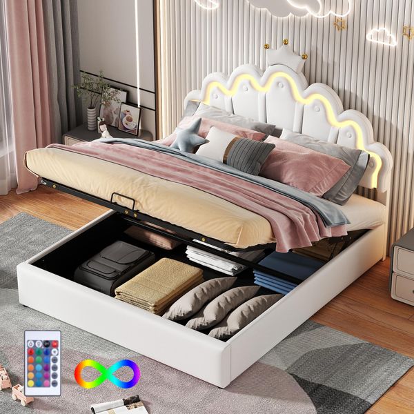 Letto Imbottito Merax 140X200 Cm, Con Led, Contenitore Idraulico, Testata Con Design A Corona, Letto Per Bambini, Letto Per Principesse, Letto Per Ragazzi, Pu, Bianco-image