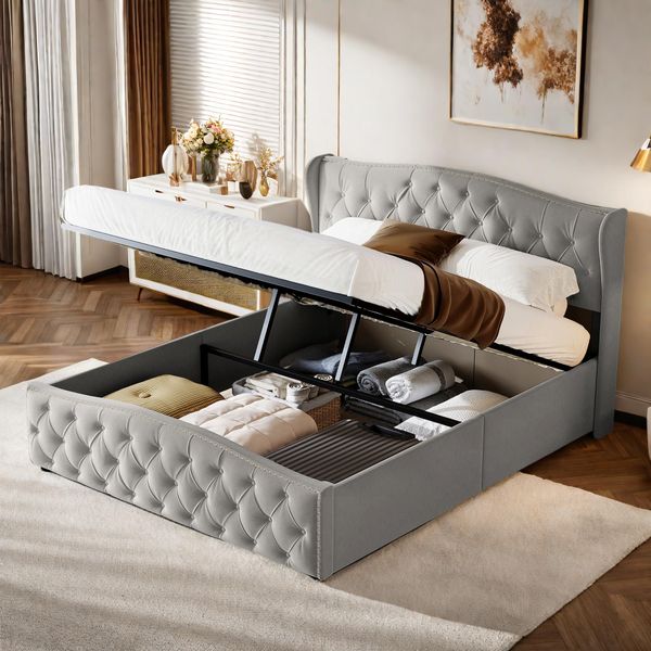 Letto Imbottito Fortuna Lai 160X200Cm Con Rete A Doghe, Rete E Contenitore, Idraulico, Velluto, Grigio-image