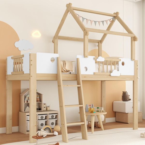 Letto A Castello A Soppalco Merax 90X200, Letto Per Bambini Con Tetto, Protezione Anticaduta, Barre, Scala Inclinata A Tre Gradini, Pino, EN747, Bianco + Naturale-image