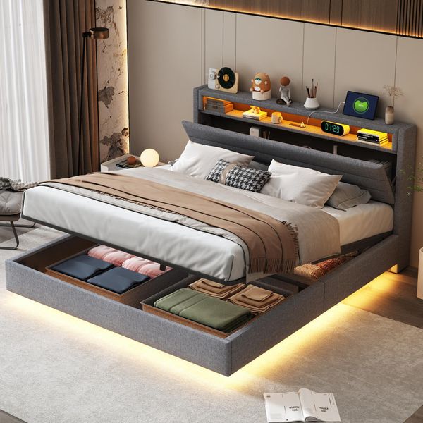 Letto Imbottito Merax 160X200 Con Led E Testata Reversibile, Letto A Molle Idrauliche In Lino, Letto Contenitore Galleggiante Con Connessione Usb, Grigio-image