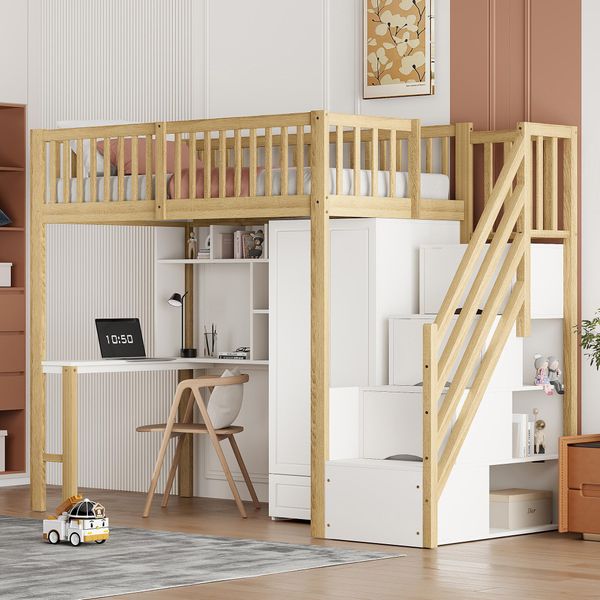 Letto A Castello Flieks 90X200 Con Armadio, Letto A Soppalco Con Scala Contenitore, Letto Per Bambini Singolo Con Scrivania E Scaffale, Letto A Castello Finitura Naturale-image