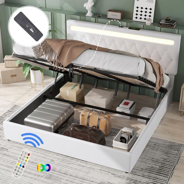 Letto Imbottito Merax 180X200 Cm, Letto Piano Con Led, Connessione Di Ricarica Usb E Type-C, Contenitore Idraulico, Letto Matrimoniale, Biancheria, Bianco-image